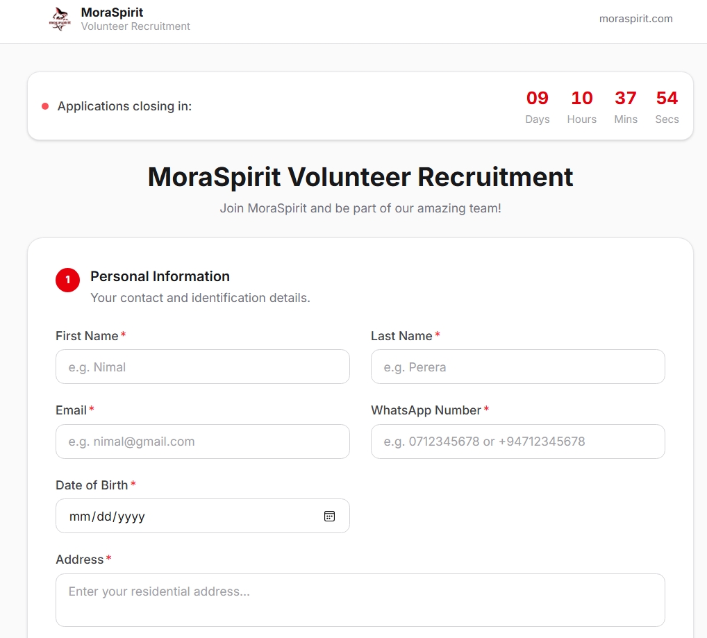 MoraSpirit Volunteer Recruitment Portal screenshot